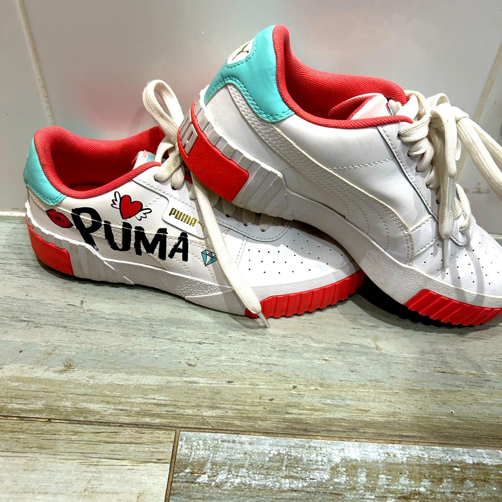 Puma White Sneakers with Red and Teal Highlights